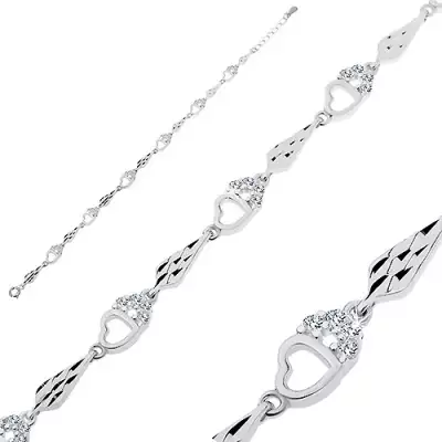 925 ezüst karkötő - fényes szívek és hosszúkás cseppek bemetszésekkel