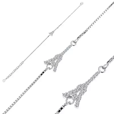 Karkötő 925 ezüstből, Eiffel-torony cirkóniákkal, lánc szögletes szemekből