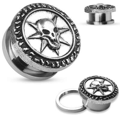 Fültágító alagút 316L acélból, ezüst szín, patinás koponya szegecsekkel - Vastagság_ 16 mm