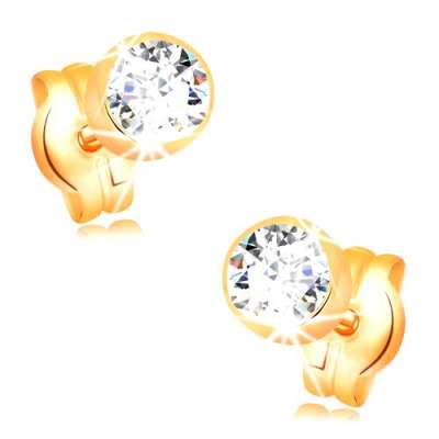 Fülbevaló sárga 14K aranyból - kerek átlátszó cirkónia foglalatban, 4 mm