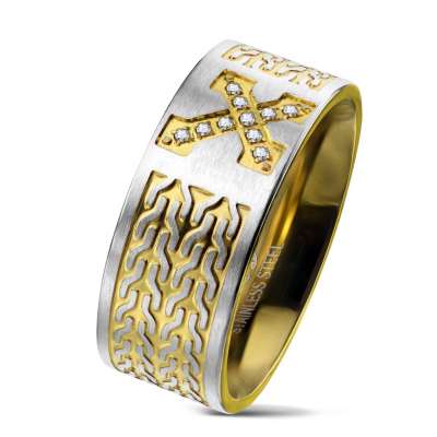 Sebészeti acél gyűrű, kereszt cirkóniákkal, lánc minta, 9 mm - Nagyság_ 62