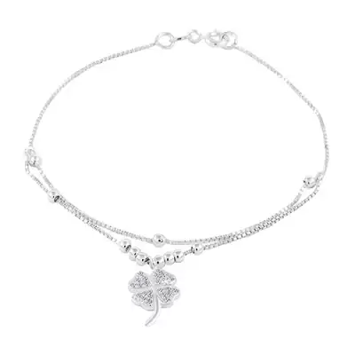 925 ezüst karkötő, négylevelű lóhere cirkóniákkal, kettős lánc