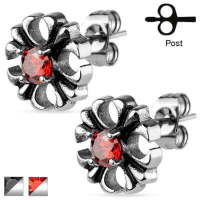 316L acél fülbevaló - patinás liliom kereszt kerek cirkóniával - Szín: Piros