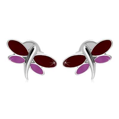 14K fehér arany fülbevaló - szitakötő bordó és lila fénymázzal a szárnyain