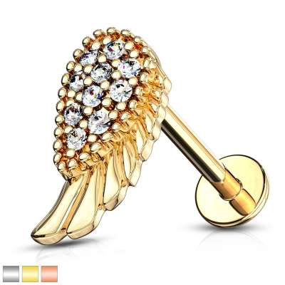 316L acél ajak és áll piercing - angyal szárny és könnycsepp cirkóniákkal - A piercing hossza: 8 mm, A piercing színe: Ezüst