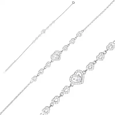 925 ezüst karkötő - cirkónia szívek a nagyobb szív közepén egy cirkóniával