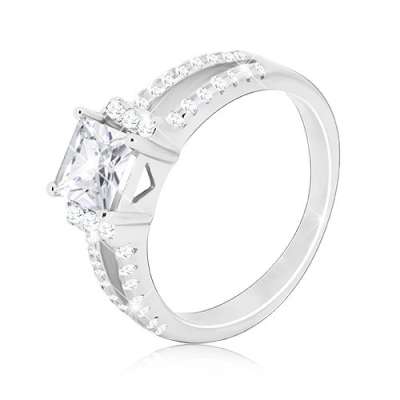 925 ezüst gyűrű - csillogó négyzet alakú cirkónia, ketté ágazó cirkónia sáv - Nagyság_ 64