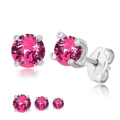 925 ezüst fülbevaló - kerek cirkónia rózsaszín színben négyzet alakú foglalatban - A cirkónia nagysága: 4 mm
