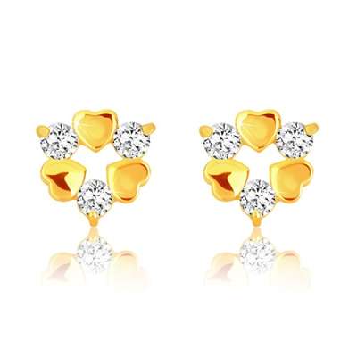 9K sárga arany fülbevaló - három szimmetrikus szív és három csillogó cirkónia