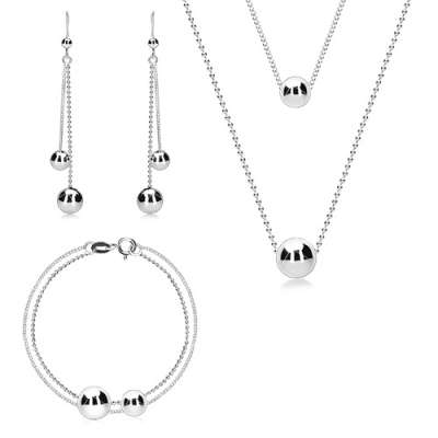 Három részes szett - kettős lánc, sima fényes golyók, 925 ezüst