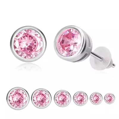 925 ezüst fülbevaló - rózsaszín cirkónia, kerek foglalat, bedugós fülbevaló - Fej: 8 mm