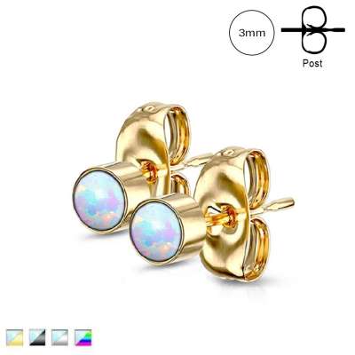 316L acél fülbevaló - szivárvány szintetikus opál, stekkeres, 3 mm - Szín: Fekete 