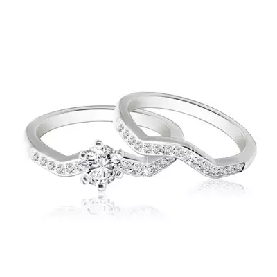 Két részes 925 ezüst szett karikagyűrű és gyűrű - hullámos cirkóniás vonal, csillogó kerek cirkónia - Nagyság_ 54