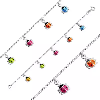 925 ezüst gyerek karkötő - pöttyös katicák különböző színű fénymázzal díszítve