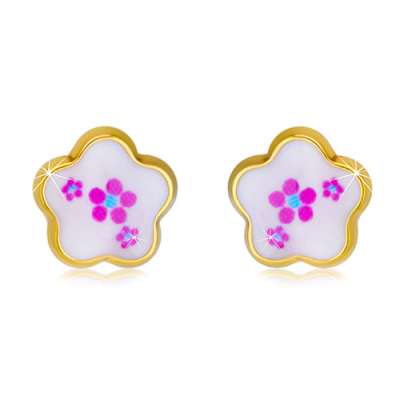 14K sárga arany fülbevaló - virág fehér fénymázzal és fényes körvonallal