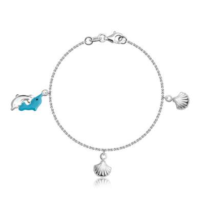 Gyerek karkötő 925 ezüstből – két ugró delfin és kagylók bemetszésekkel