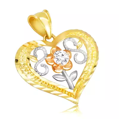 14K sárga arany medál – szimmetrikus szívkörvonal, virág átlátszó cirkóniával, fekvő nyolcas