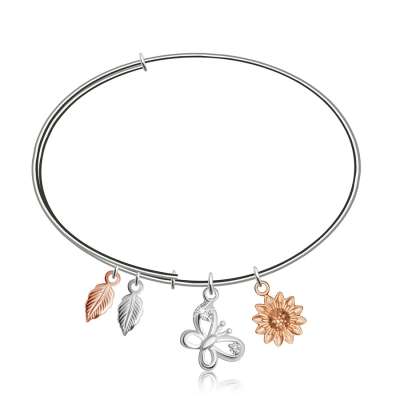 Kör alakú 925 ezüst karperec – százszorszép, pillangó cirkóniákkal és két levél