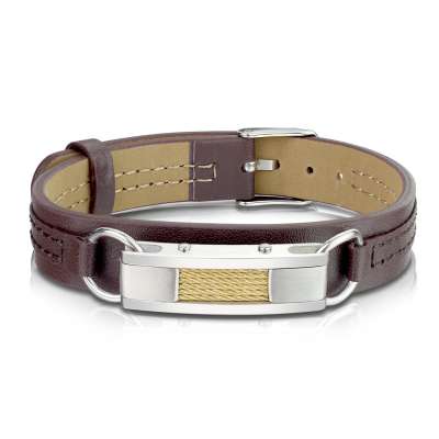 Barna bőr karkötő – téglalap gyűrűkkel megfogatva egy bemetszéssel és arany színű drótokkal a közepén