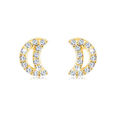 Beszúrós fülbevaló 9K aranyból – félhold kerek cirkóniákkal kirakva, sima felület