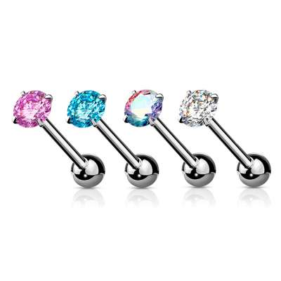 316L acél nyelv piercing - ezüst színű, sima súlyzó forma, kerek cirkónia, PVD bevonat technológia - A cirkónia színe: Átlátszó - C