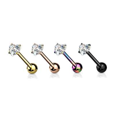 316L Acél nyelv piercing - egyenes súlyzó, csillogó szív alakú cirkónia, PVD bevonat technológiával. - A piercing színe: Szivárvány