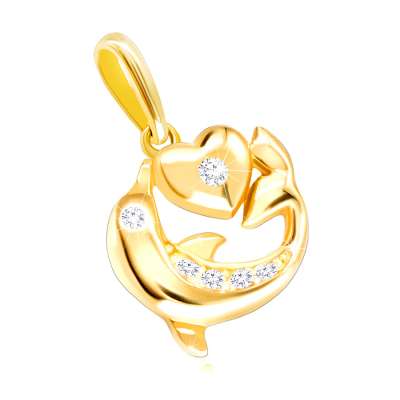 375 Sárgaarany gyémánt medál - ugró delfin, kicsi szív, tiszta briliánsok