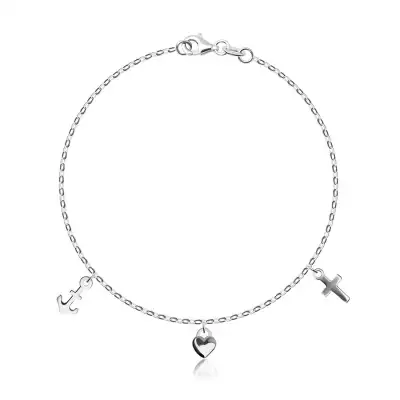 925 Ezüst karkötő - ovális láncszemek, medálok - SZÍV,HORGONY, KERESZT