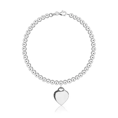 925 Ezüst karkötő - gyöngylánc, szív alakú medál, homár karos zár