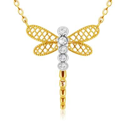 Gyémánt nyaklánc kombinált 585 aranyból - szitakötő szárnyakkal, átlátszó gyémántokkal