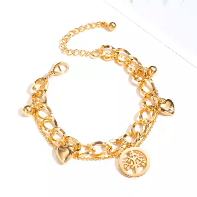 Acél karkötő - lánc medálokkal, életfa, szív, golyó, arany színű