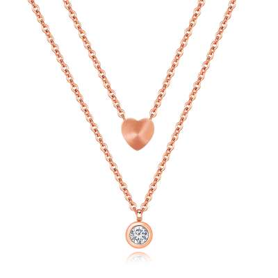 Kettős acél nyaklánc - szív és tiszta cirkónia tartóban, réz színben
