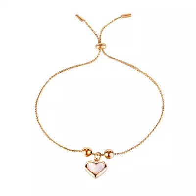 Acél karkötő, rézt színű - vékony lánc, sima golyók, medál szív