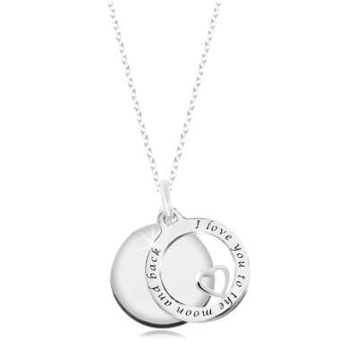 925 ezüst nyaklánc, fényes kör, karika szívvel és felirattal