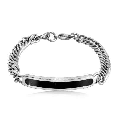 Acél karkötő - fényes, lekerekített lemez fekete középponttal, csavart szemekből készült lánc, delfinkapocs zár