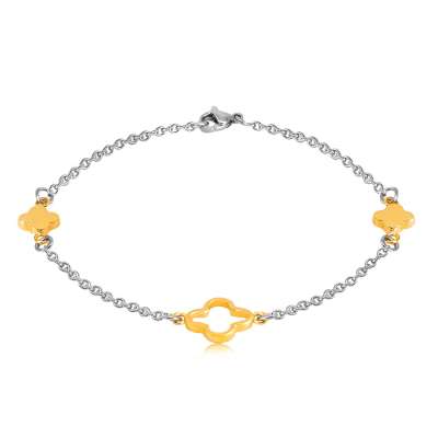 Acél karkötő arany és ezüst színben - kisebb virágok, középen nagyobb virág körvonala, finom lánc