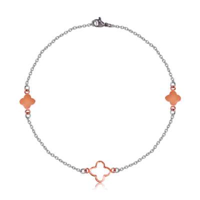 Acél karkötő réz és ezüst színben - kisebb virágok, középen nagyobb virág körvonala, finom lánc