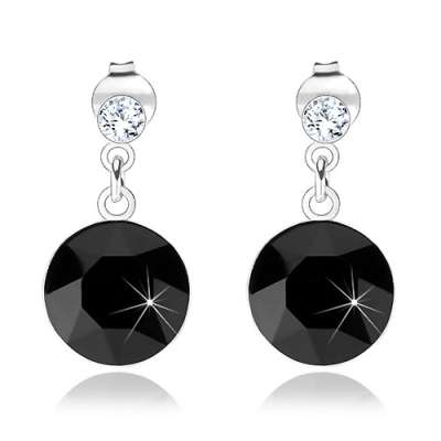 925 ezüst fülbevaló, kerek Swarovski kristály, fekete s átlátszó árnyalat, 10 mm