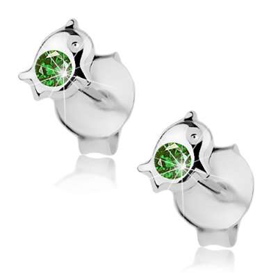 925 ezüst fülbevaló, delfin zöld Swarovski kristállyal