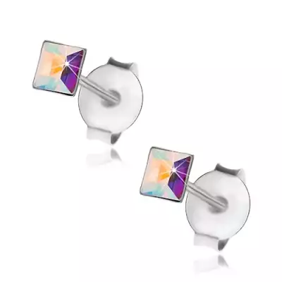 925 ezüst fülbevaló, szivárvány Swarovski kristály - négyzet, 3 mm