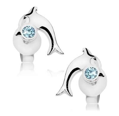 925 ezüst fülbevaló, fényes ugró delfin kék Swarovski kristállyal