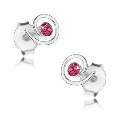 925 ezüst fülbevaló, fényes spirál, fukszia színű Swarovski kristály