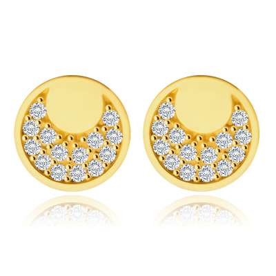 14K arany fülbevaló - tükörsima kör, hold forma, cirkóniával kirakva, stekker zár