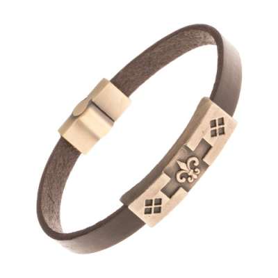 Barna bőr karkötő, patinált felület réz színben, Fleur de lis