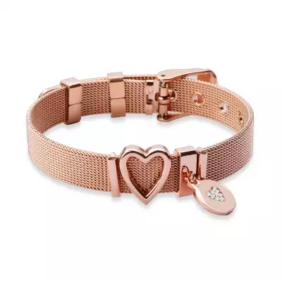 Acél karkötő réz színben, szívvel és lógó gyűrűvel, tiszta cirkónia 