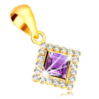 9K sárga arany medál - négyzet alakzat lila cirkóniával, átlátszó cirkónia sávval