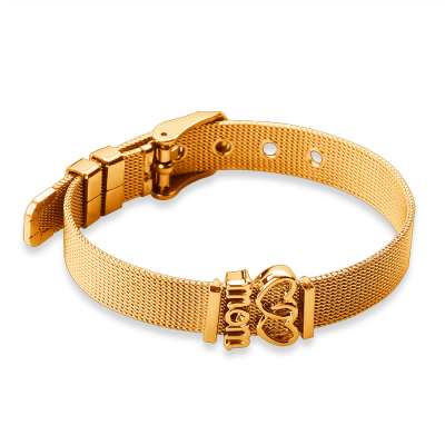 Acél karkötő arany színben, összekötött szívekkel és 