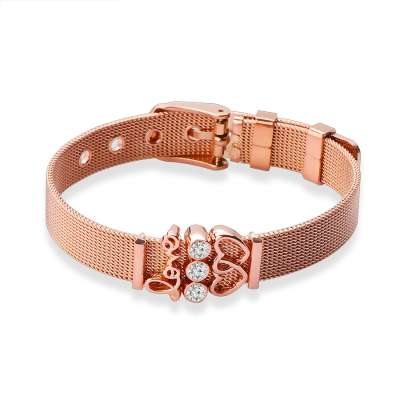 316L acélból készült karkötő réz színben, összekötött szívekkel, cirkóniával és 