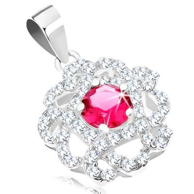 925 ezüst medál, virág cirkóniás szirmokkal, piros közép