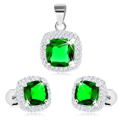 925 ezüst szett medálból és fülbevalóból, zöld négyzetes cirkónia, átlátszó szegély